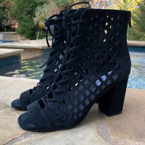 Steve Madden Denay Black Caged Peep Toe Block Heel Booties Sz 7.5